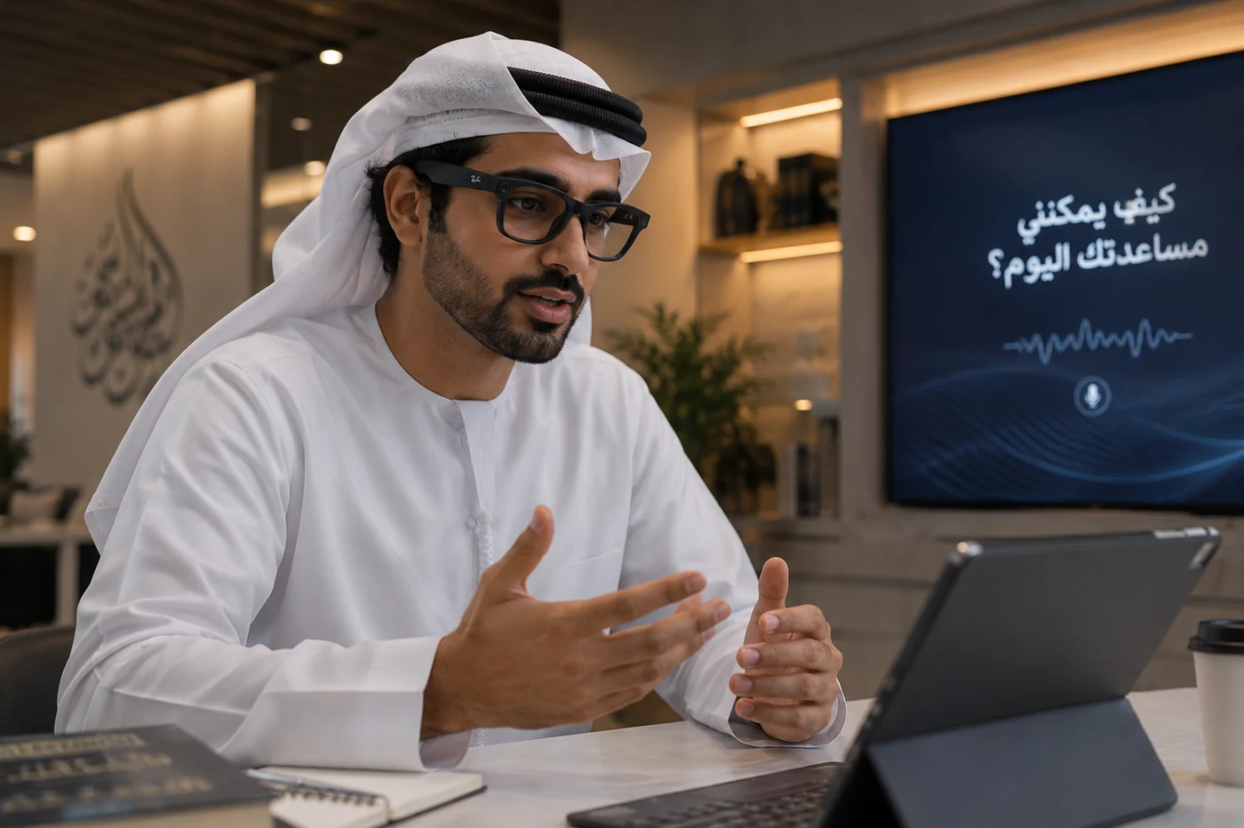 A man wearing Meta AI glasses speaking to an Arabic-language AI assistant displayed on a screen