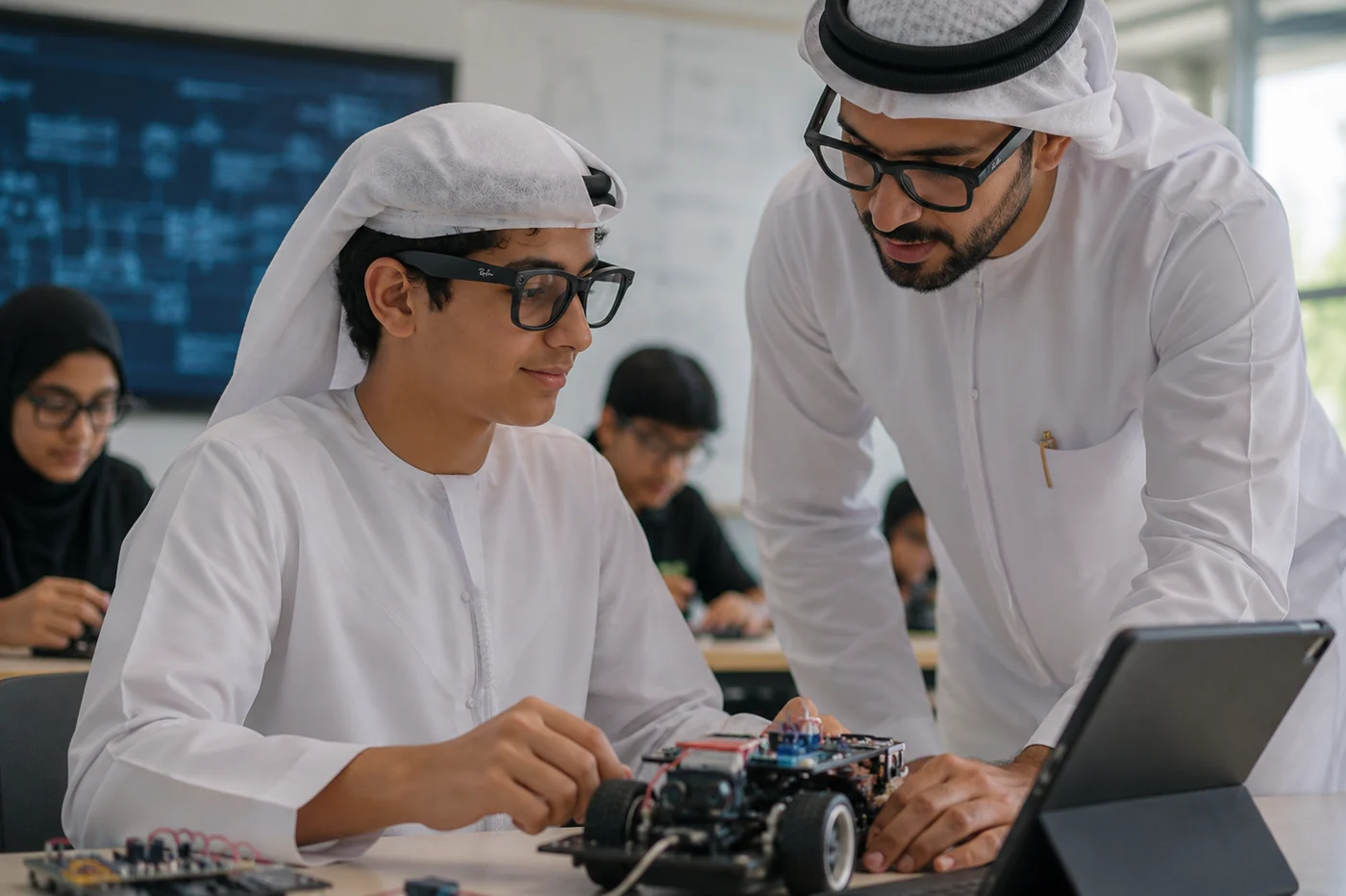 A teacher and student wearing Meta AI glasses while working on a robotics project in a classroom
