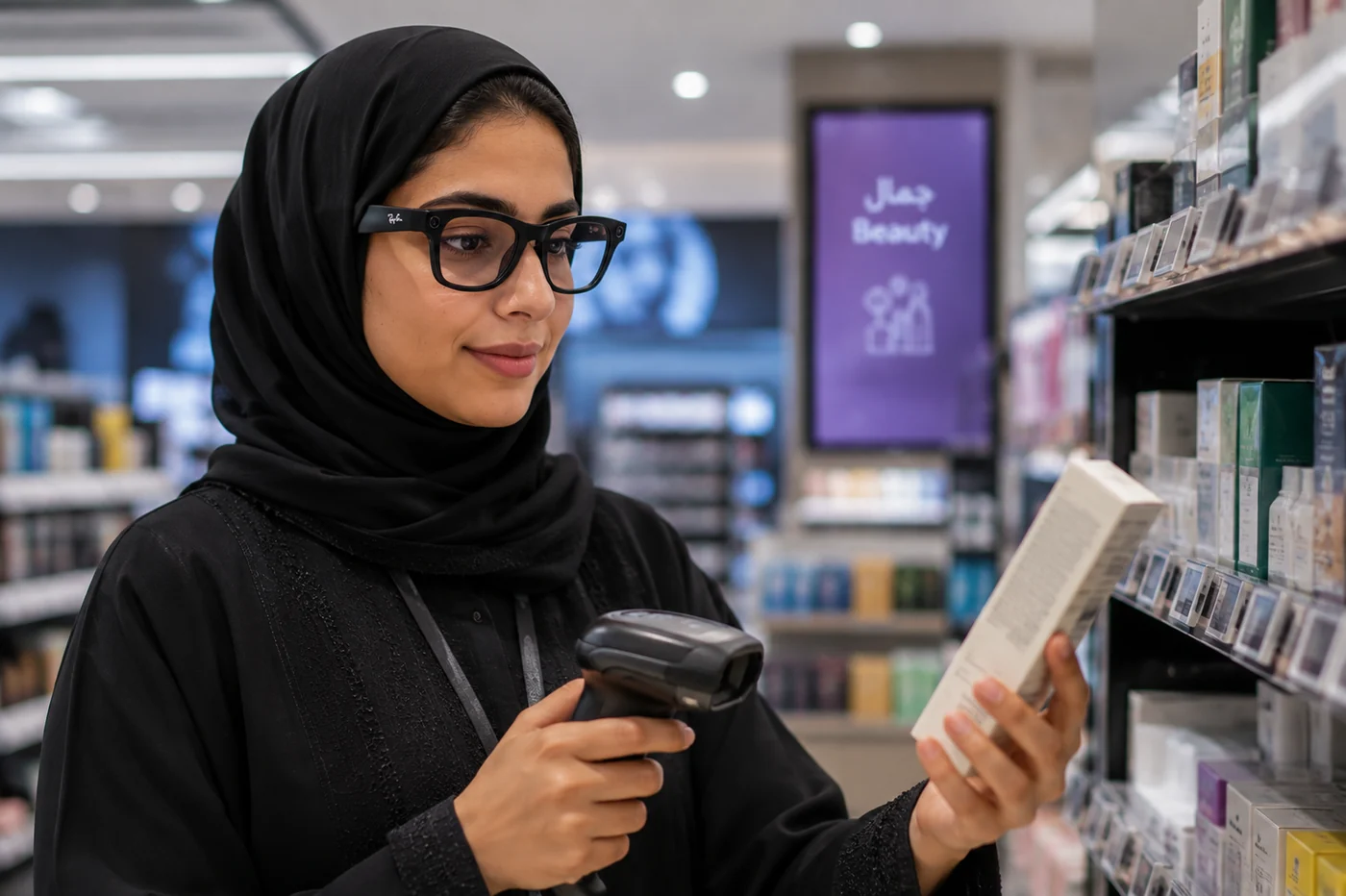 A retail associate wearing Meta AI glasses while scanning a product in a store aisle