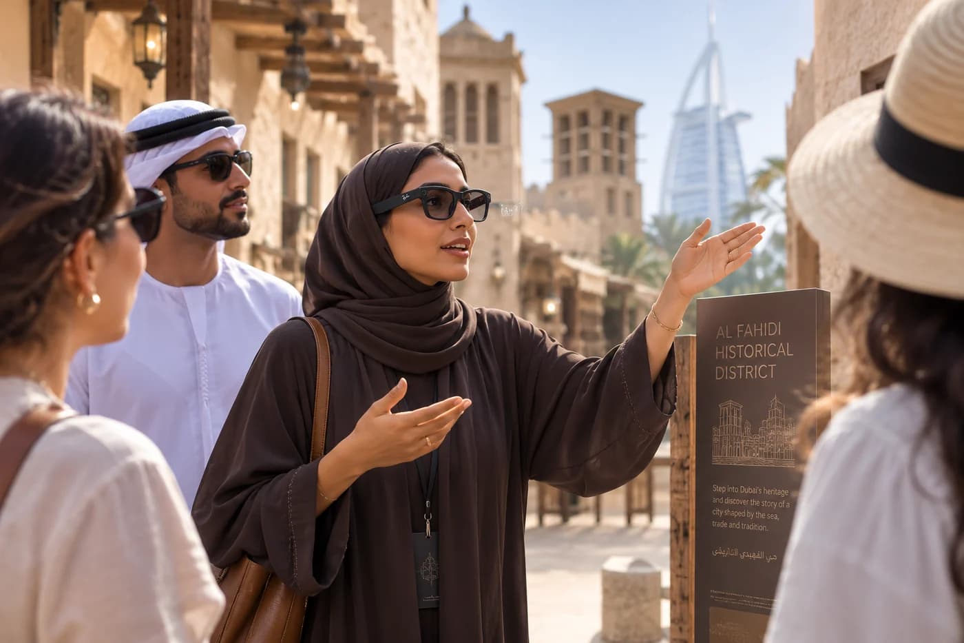 A tour guide wearing Meta AI glasses at the Al Fahidi Historical District in Dubai, with the Burj Al Arab visible in the background